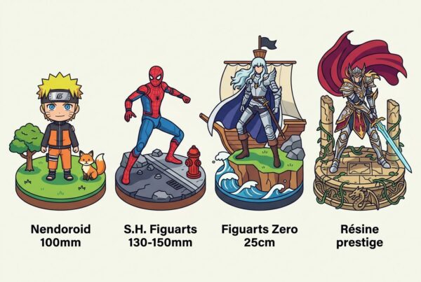 Quatre figurines manga miniatures: Nendoroid 100mm, S.H. Figuarts 130–150mm, Figurarts Zero 25cm et Résine prestige, montrant Naruto, Spider-Man et personnages fantasy.